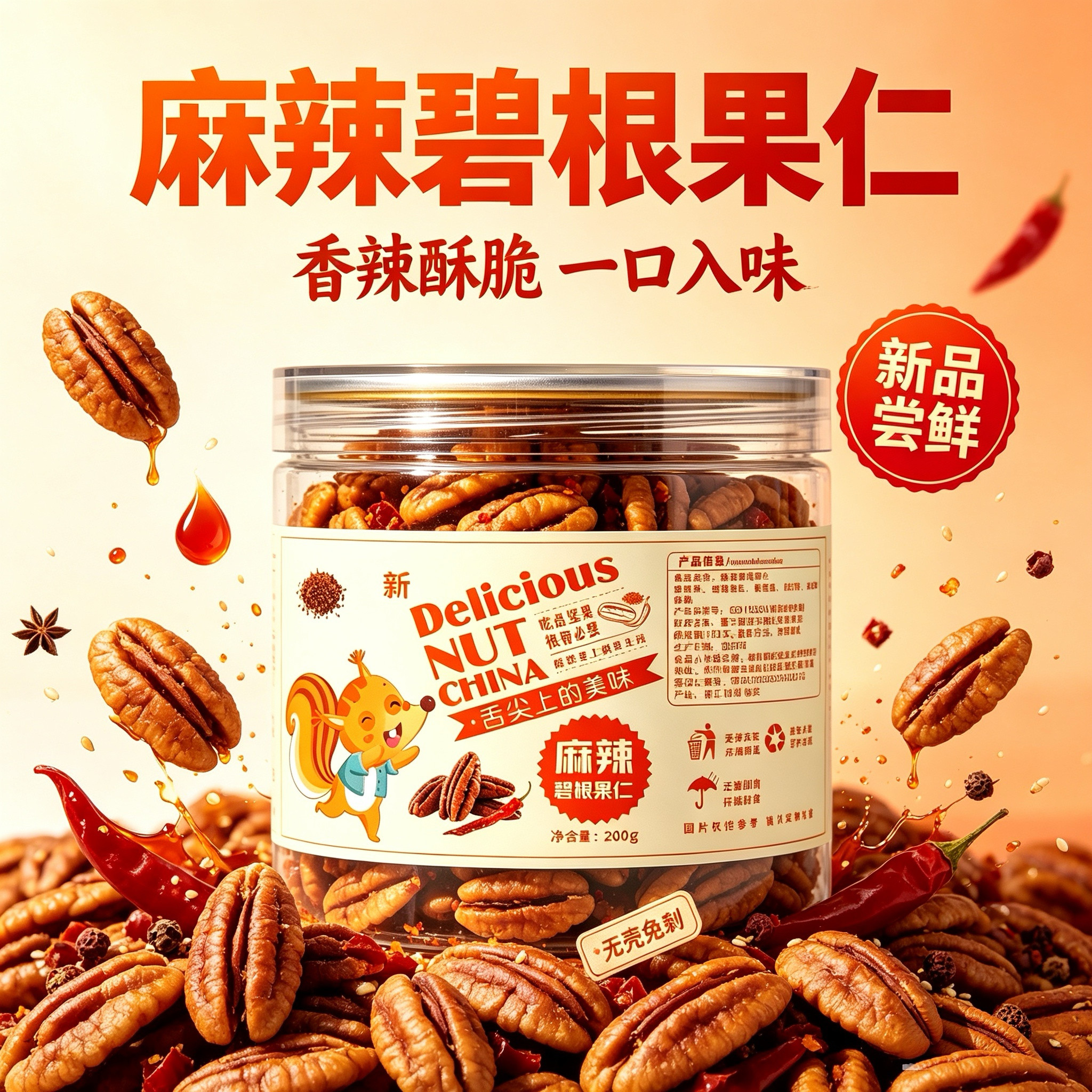 新货麻辣碧根果仁大颗粒罐装