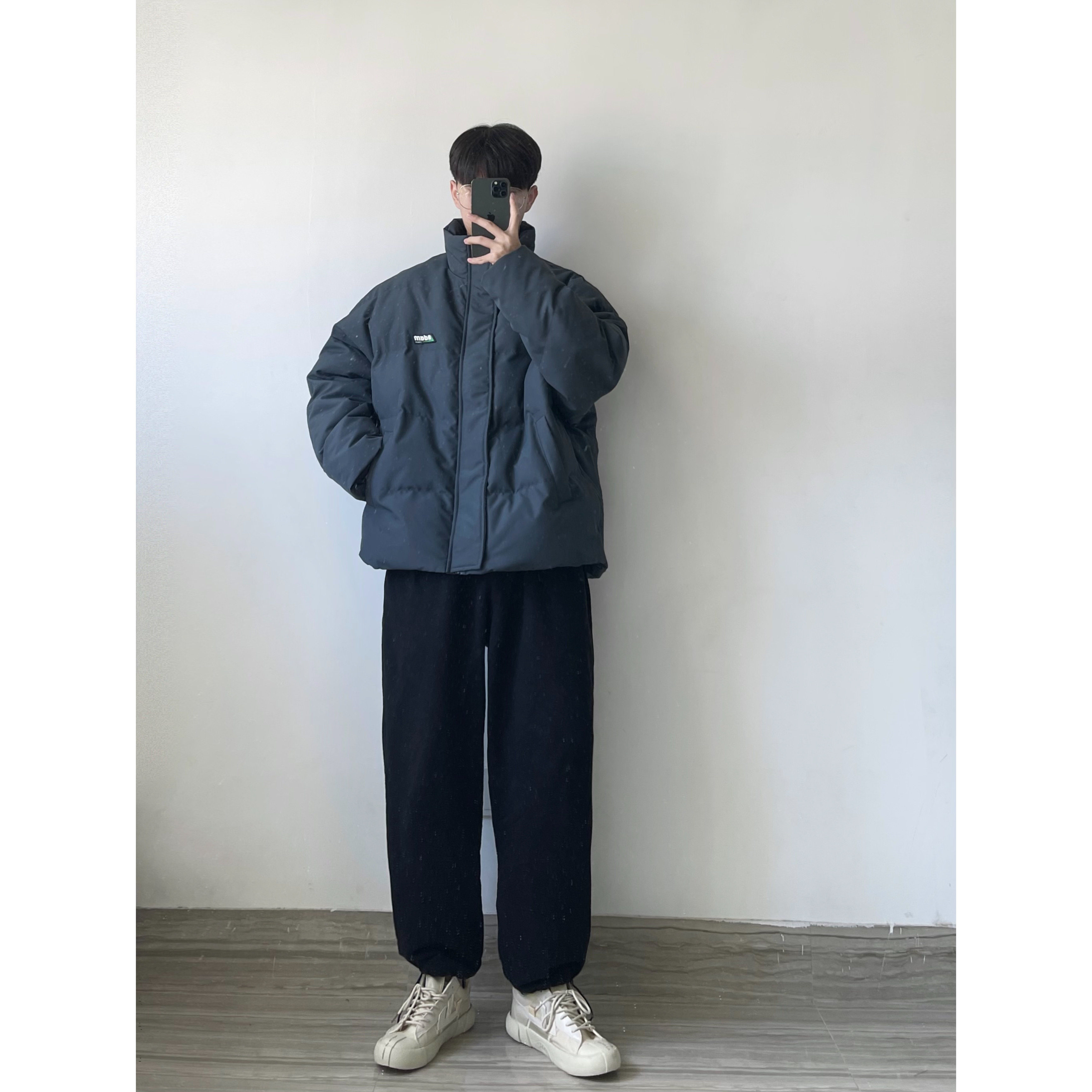 WHICHONE 日系冬季雾霾蓝立领廓形宽松加厚面包服棉服