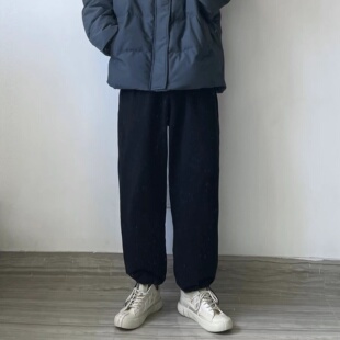 WHICHONE 日系2022冬季纯色毛圈宽松直筒抽绳束脚卫裤阔腿裤休闲