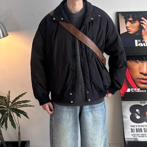 WHICHONE 冬季日系复古宽松保暖立领羽绒服面休闲加厚白鸭绒外套