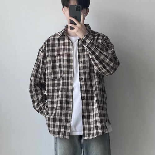 WHICHONE日系复古格子长袖衬衫