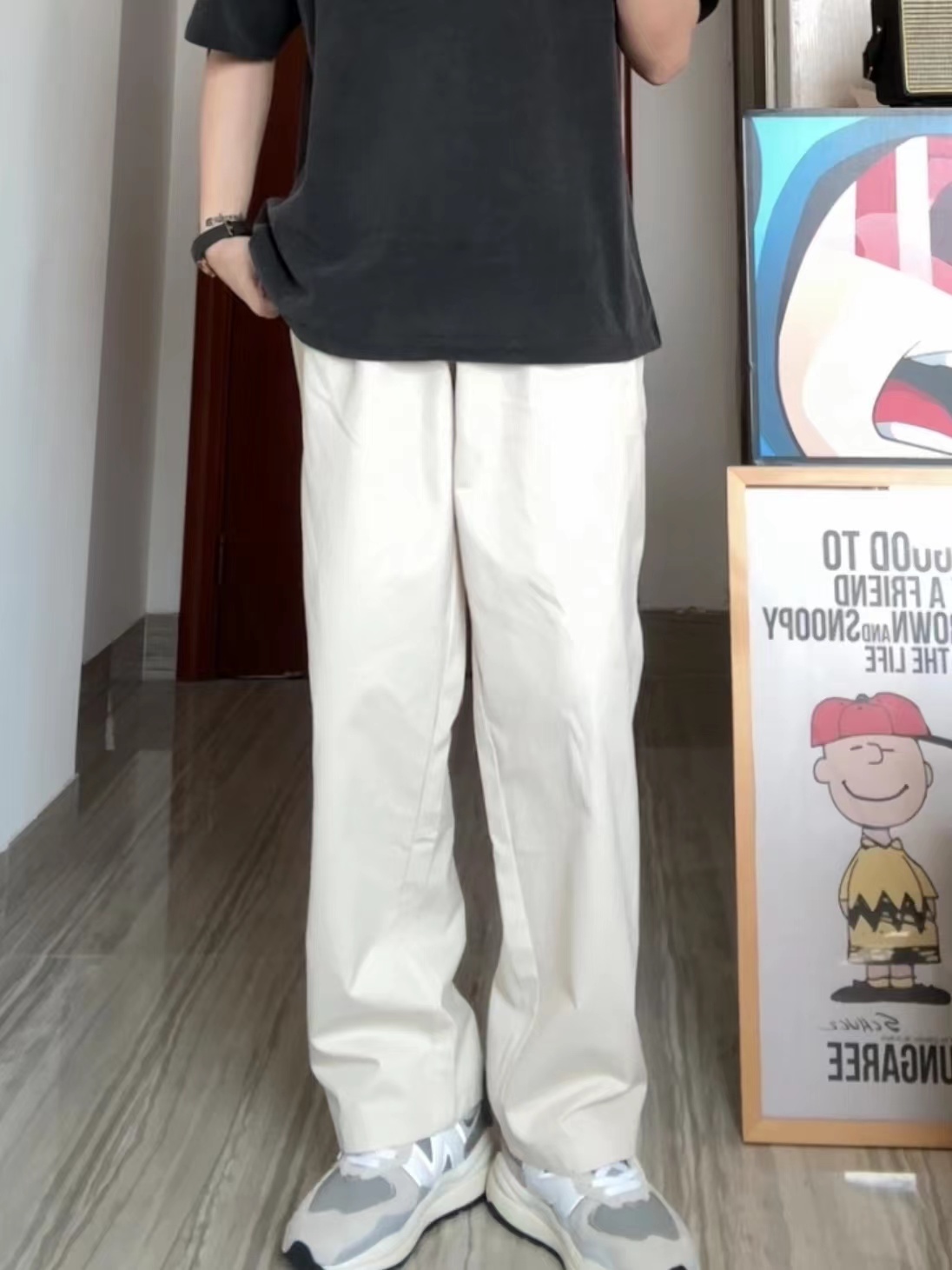 WHICHONE 日系夏季纯色直筒工装宽松中腰阔腿卡其色百搭休闲长裤