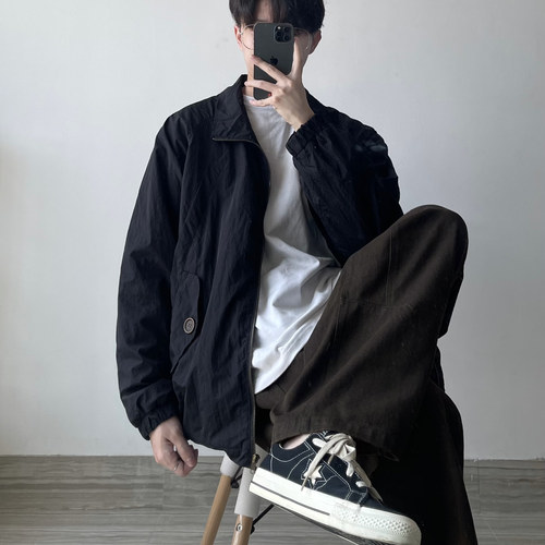 拉链翻领复古秋季青少年纯色日系