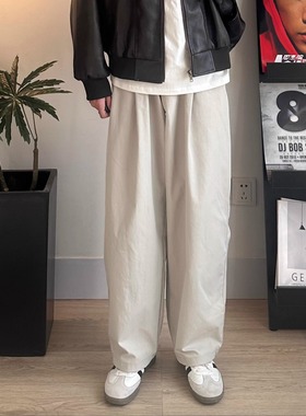 WHICHONE日系褶皱松紧带长裤休闲裤弯刀设计抽绳宽松阔腿裤子