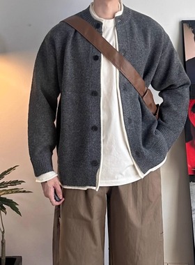 WHICHONE秋冬复古加厚假两件开衫毛衣男慵懒风宽松针织衫外套