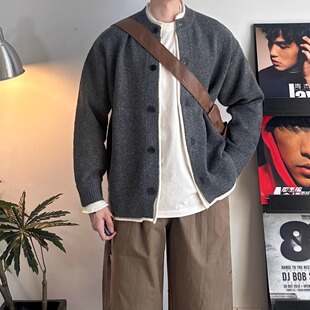 WHICHONE秋冬复古加厚假两件开衫毛衣男慵懒风宽松针织衫外套