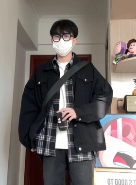 WHICHONE 通勤复古工装宽松纯黑翻领牛仔夹克外套男