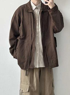 WHICHONE 日系cleanfit假两件工装夹克落肩宽松水洗立领风衣外套