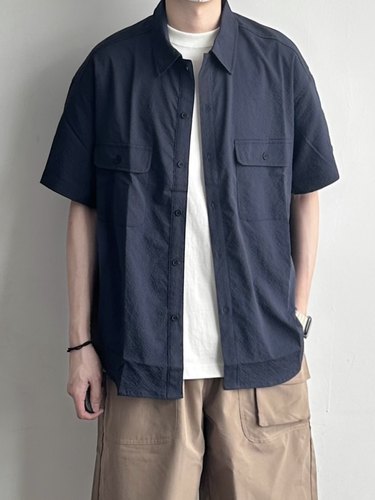 WHICHONE工装休闲双口袋短袖衬衫