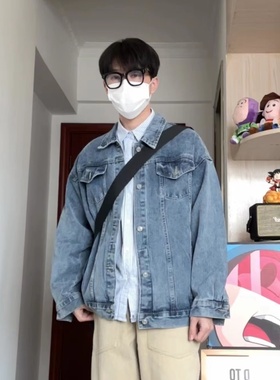 WHICHONE 通勤复古工装宽松翻领浅蓝色水洗牛仔夹克外套男