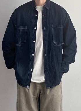 WHICHONE日系秋季复古走线牛仔衬衫男宽松休闲百搭长袖衬衣外套