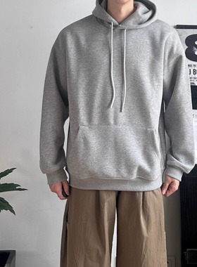 WHICHONE简约风连帽卫衣男灰色宽松百搭休闲套头衫纯色上衣