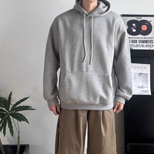 WHICHONE简约风连帽卫衣男灰色宽松百搭休闲套头衫纯色上衣