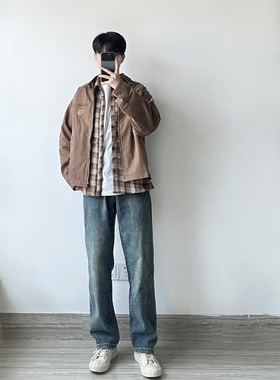 WHICHONE 日系秋冬复古翻领工装咖啡色夹克外套男外穿