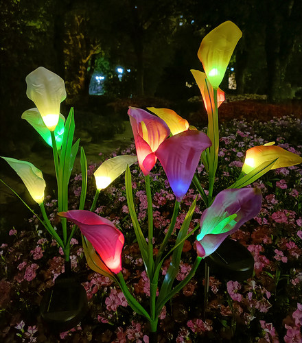 新款户外庭院花园装饰仿真花灯LED地插草坪灯4头太阳能马蹄莲灯