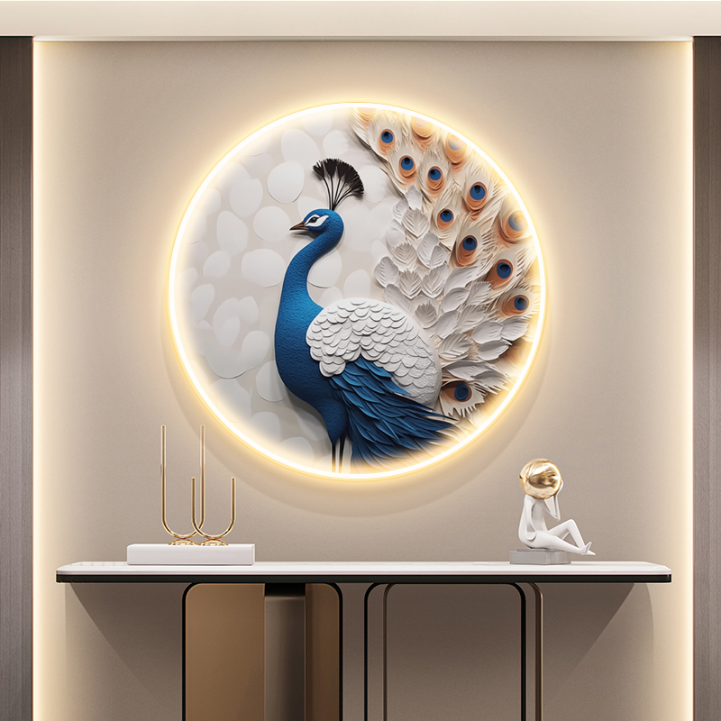 孔雀圆形玄关装饰画现代轻奢客厅走廊过道挂画寓意好入户带灯壁画图片