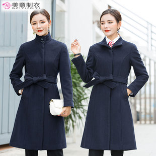 冬季新款顺毛呢外套中长款通勤藏青色呢子女大衣案场物业售楼部