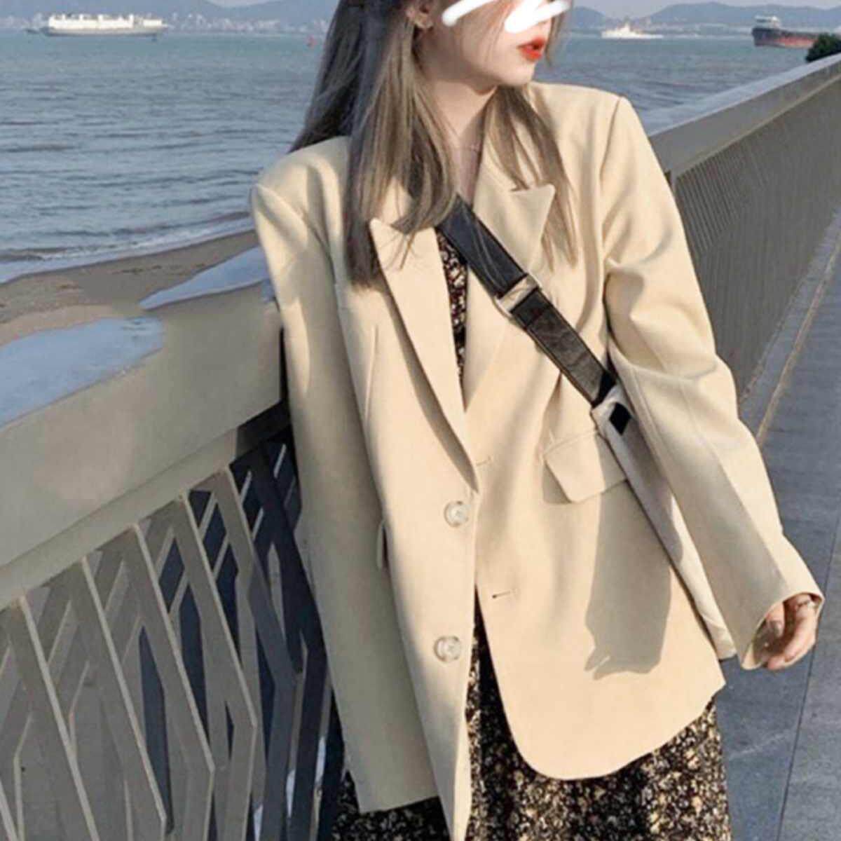 百搭一粒扣女宽松韩版卡其色西装韩版设计感春秋休闲气质小个子,女装连衣裙,浙宝318