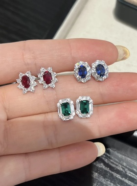 新款！实验室0.5ct人工培育红宝石耳钉 S925纯银耳饰