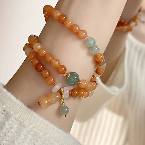 轻奢高级感手串天然金丝玉多圈手链葫芦吊坠多层叠戴文艺手饰品女