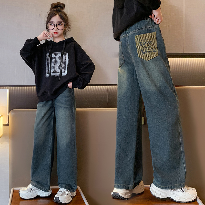 女童牛仔阔腿裤春秋款2023新款直筒休闲裤9秋装8洋气12岁儿童裤子
