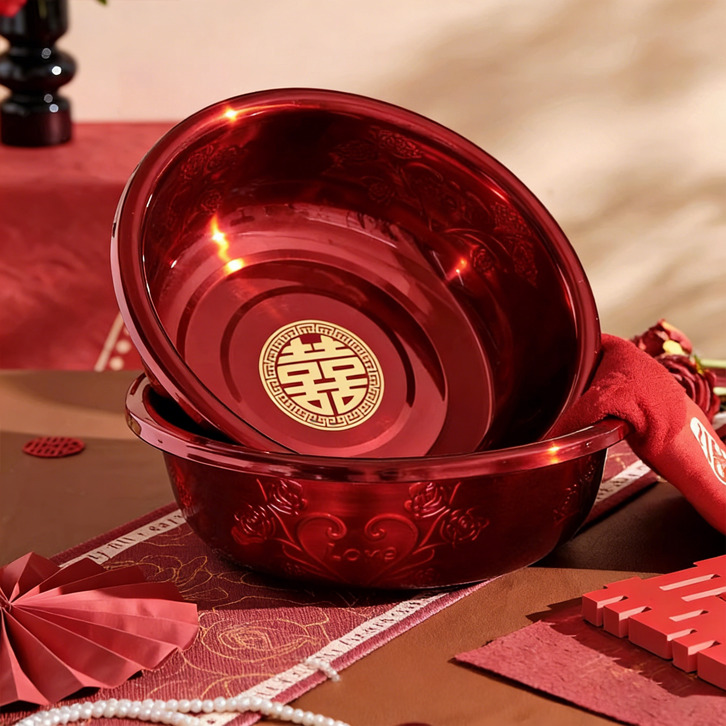 结婚喜盆女方陪嫁套装不锈钢洗脸盆婚礼嫁妆娘家备婚红盆聚宝盆