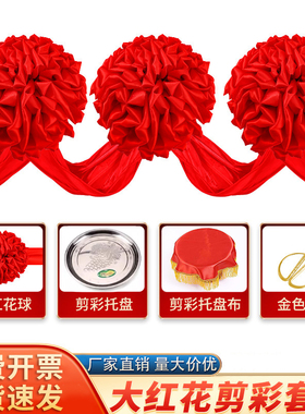 开张剪彩大红花套装红色丝带花球开业庆典道具托盘布剪刀剪彩彩带
