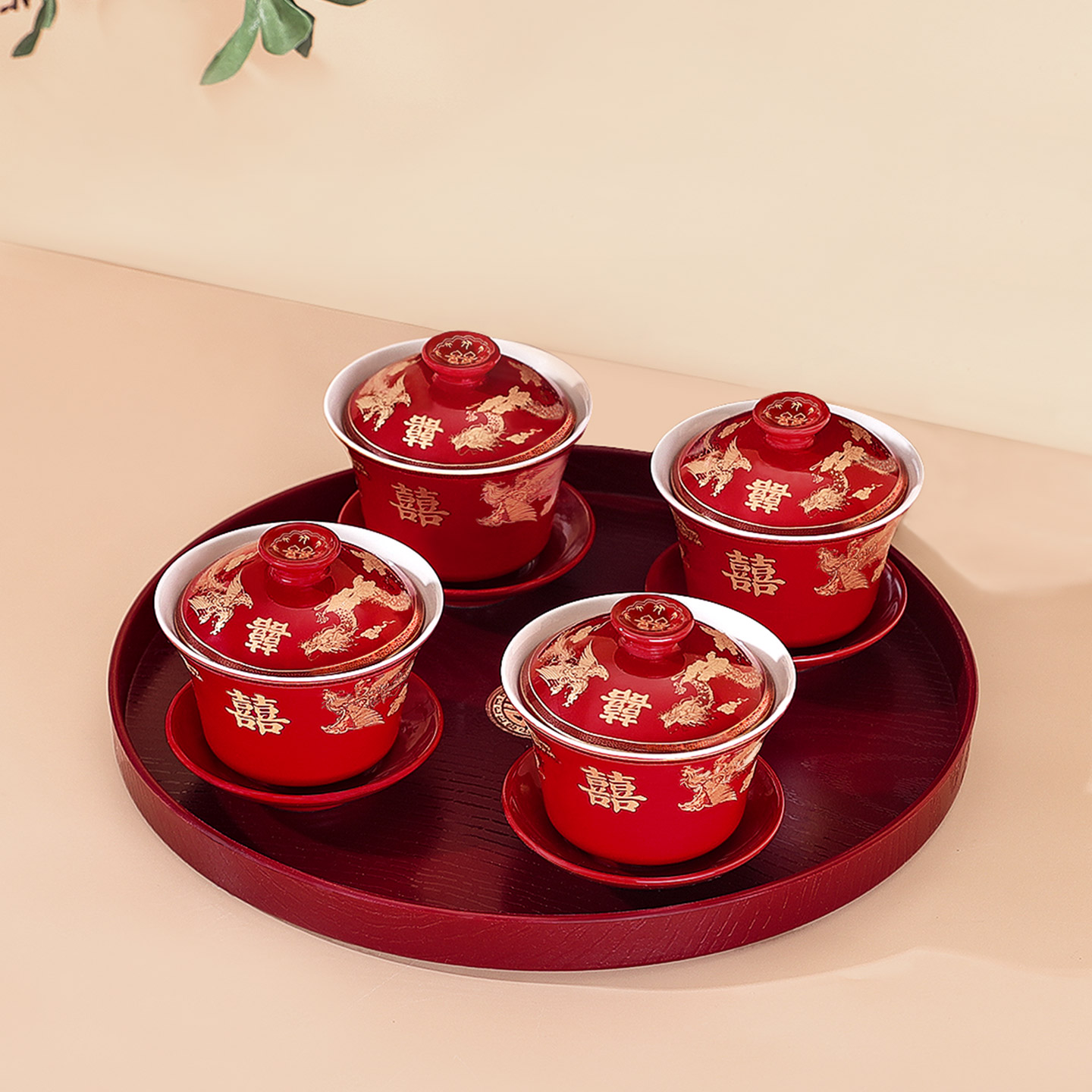结婚敬茶杯一对红色喜碗筷套装