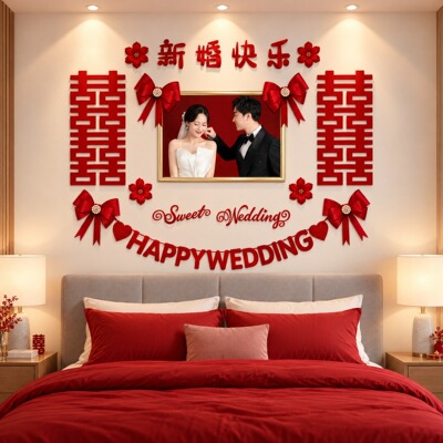婚房卧室床头婚纱照结婚墙面装饰