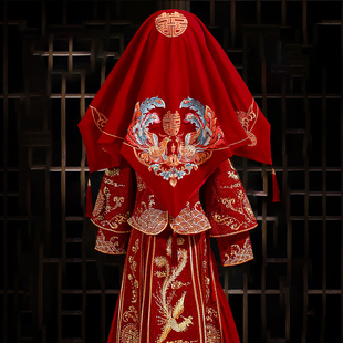 中式婚礼新娘出嫁陪嫁用品刺绣红色盖头结婚秀禾服高级头纱装饰