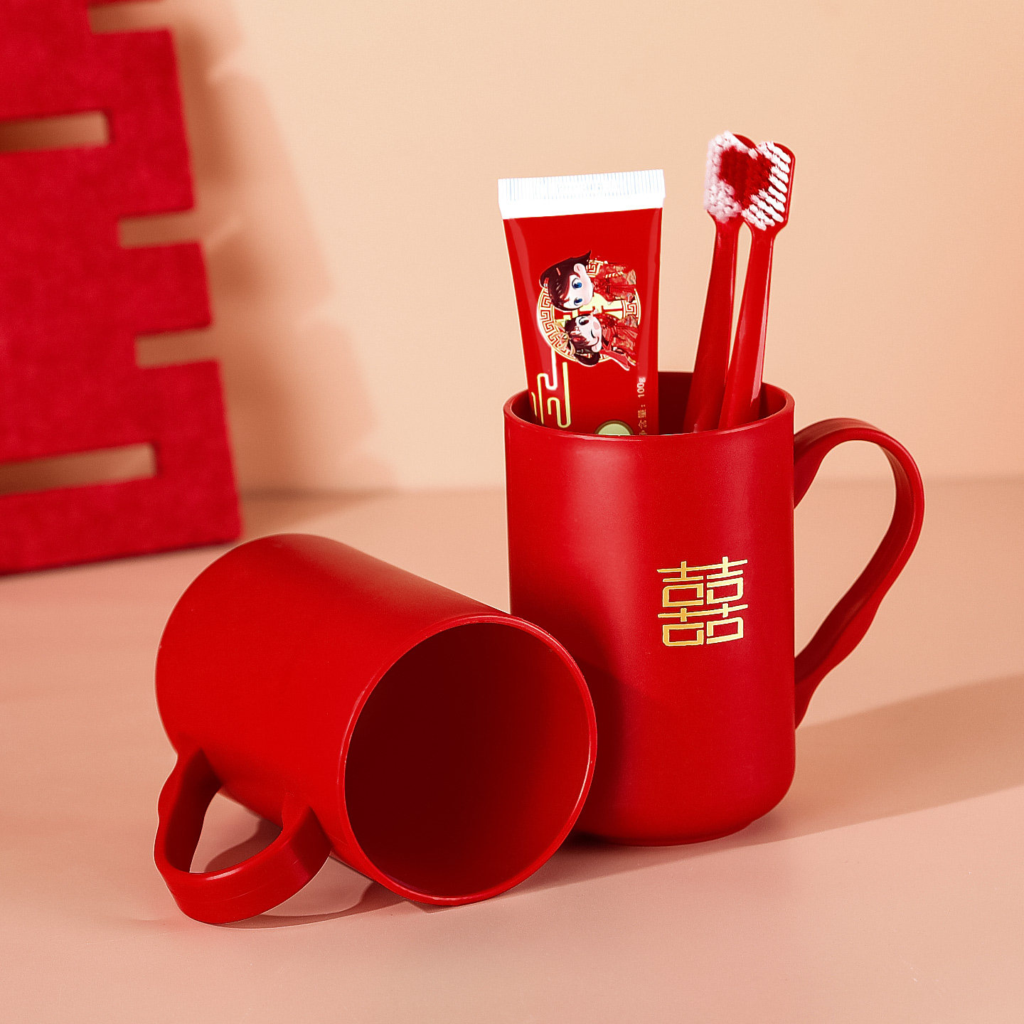 结婚刷牙杯子婚礼红色牙杯一对新婚情侣漱口杯家用洗漱杯陪嫁套装
