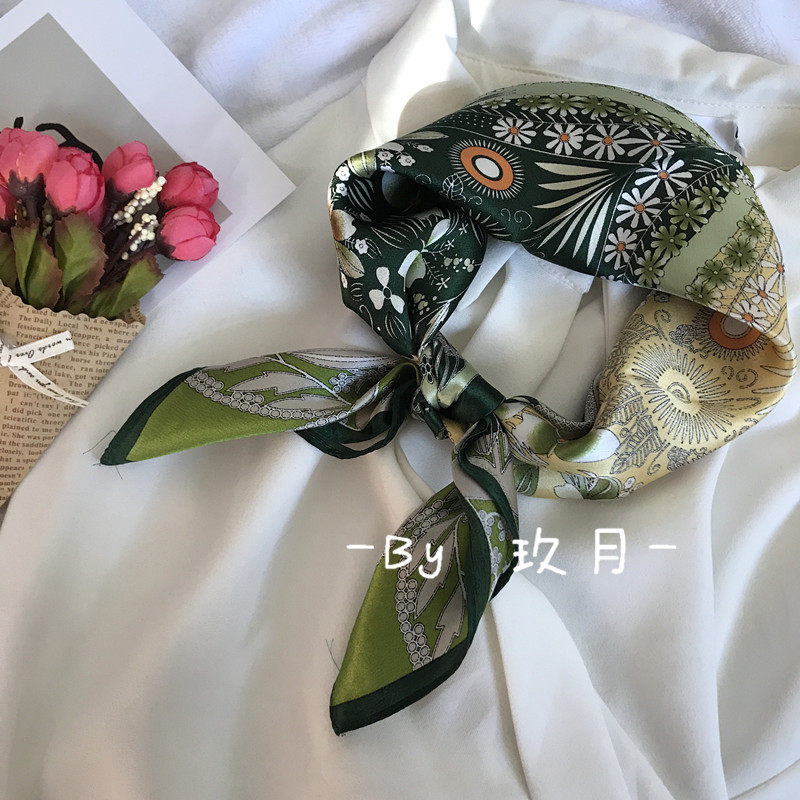 【玖Ninne】ins法式时髦100桑蚕丝森林系绿色复古真丝小方巾丝巾