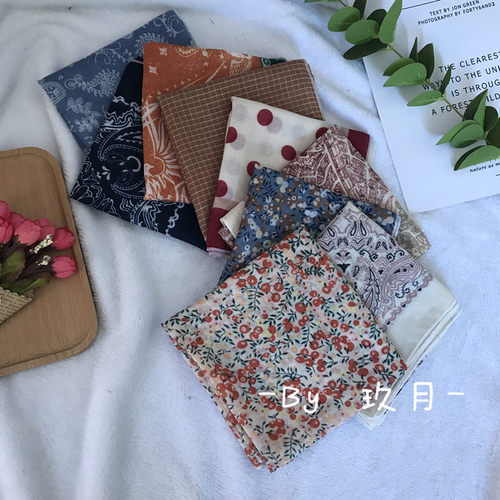 ins轻薄棉麻波点碎花日系小方巾