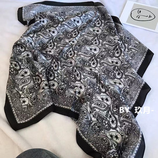 法式黑白腰花仿真丝70沙漠拍照吸睛时髦复古百搭ins方巾丝巾发带