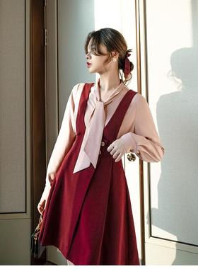 Ron原创红色背带裙收腰显瘦气质裙子2020新款法式复古港风桔梗裙T