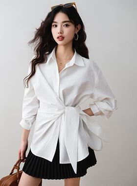 ron&ron法式设计感系带衬衫2025早春新款收腰显瘦Polo领白色上衣T