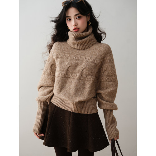 老钱风高领麻花收腰针织衫2025秋