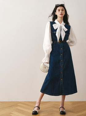 ron&ron复古无袖背带牛仔裙2023早秋新款收腰显瘦a字长款连衣裙T