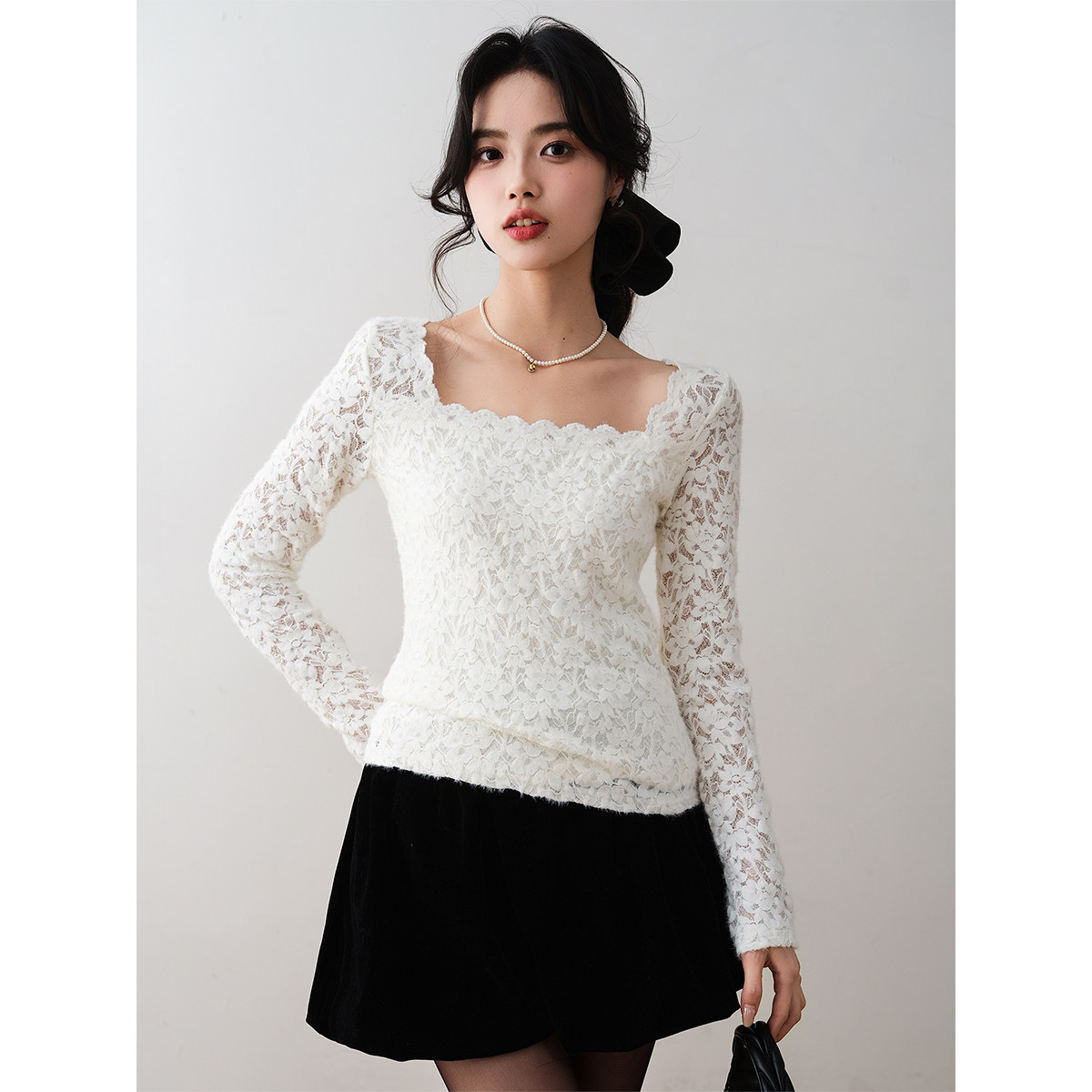 ron&ron法式方领蕾丝加绒长袖女2025冬季气质显瘦百搭针织上衣