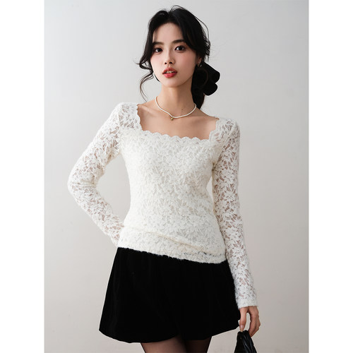 ron&ron法式方领蕾丝加绒长袖女2025冬季气质显瘦百搭针织上衣