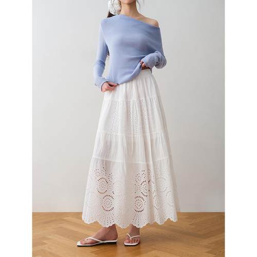 法式镂空松紧腰a字蛋糕半身长裙