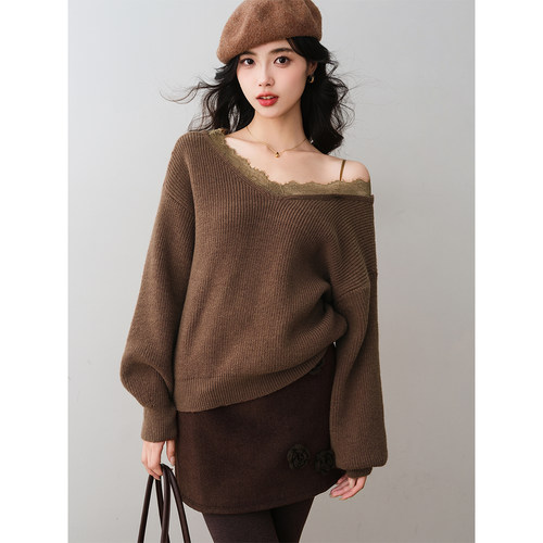 ron&ron温柔慵懒风一字领蕾丝拼接针织衫女2025冬季优雅气质上衣
