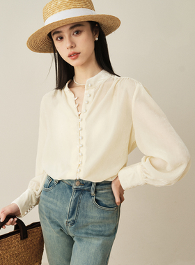 RonRon复古丝绒长袖衬衫女2024春秋宽松立领高级感新款法式上衣T