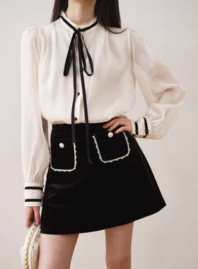 ron法式小香风黑色丝绒A字短裙女2023秋季新高腰气质百搭半身裙T