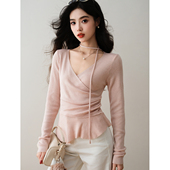 交叉V领收褶针织衫 2026春季 长袖 ron&ron法式 修身 显瘦温柔甜美上衣