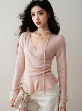 ron&ron法式交叉V领收褶针织衫2026春季长袖修身显瘦温柔甜美上衣