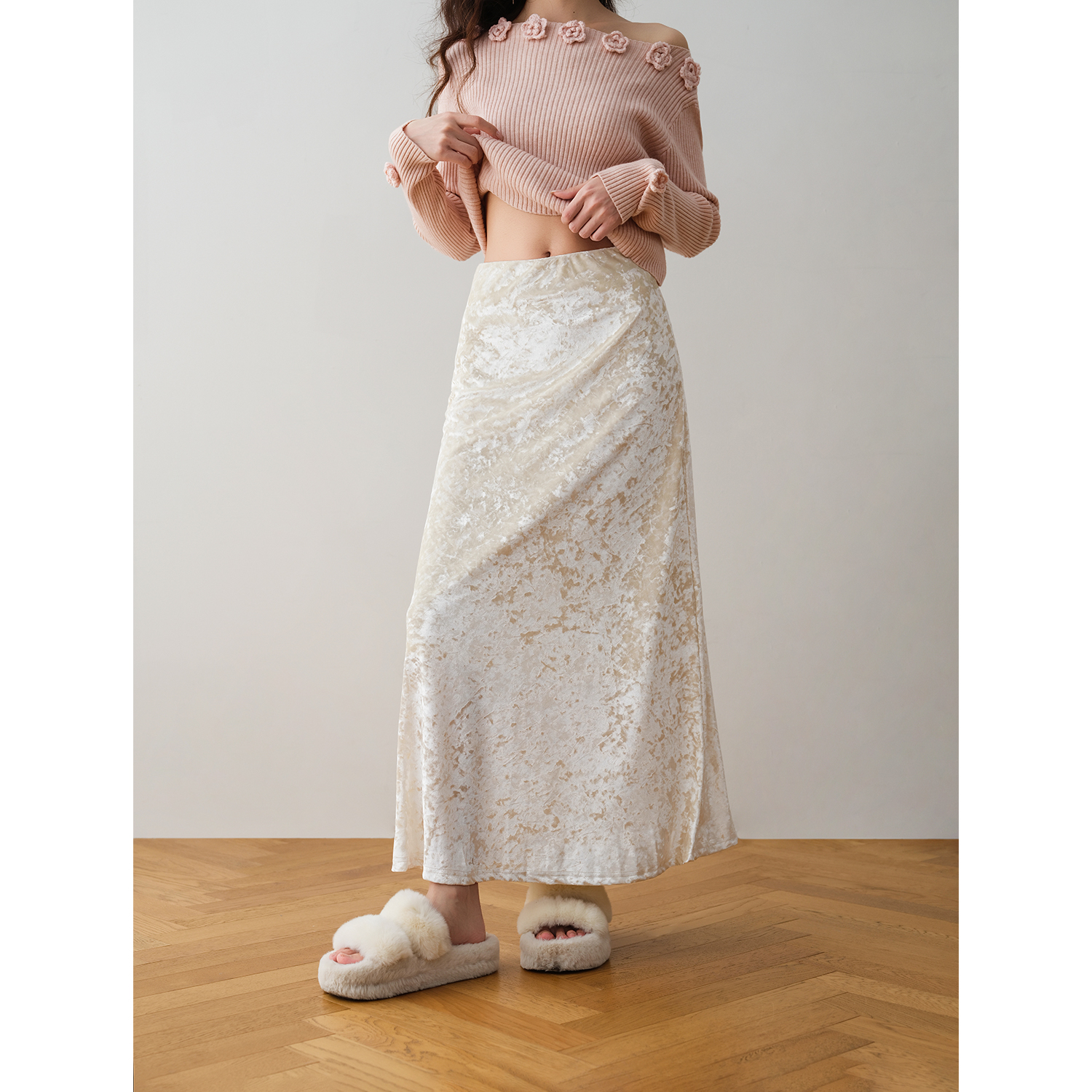 ron&ro法式浪漫不粘毛丝绒半身裙女2025秋季高腰显瘦设计感长裙