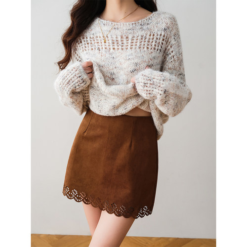 美拉德复古高腰镂空花边半身裙