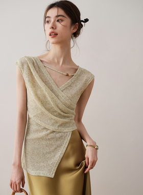 ron设计感交叉无袖上衣2024夏季新款不规则修身显瘦薄款V领针织T