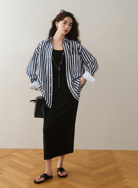 ron&ron百搭气质黑色直筒半身裙早秋新款简约后开叉松紧腰中长裙t